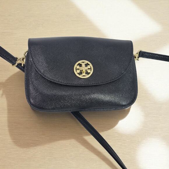 Tory Burch Robinson Bag Black Crossbody Leather Coated Sheen Adjustable Compact - Picture 1 of 15